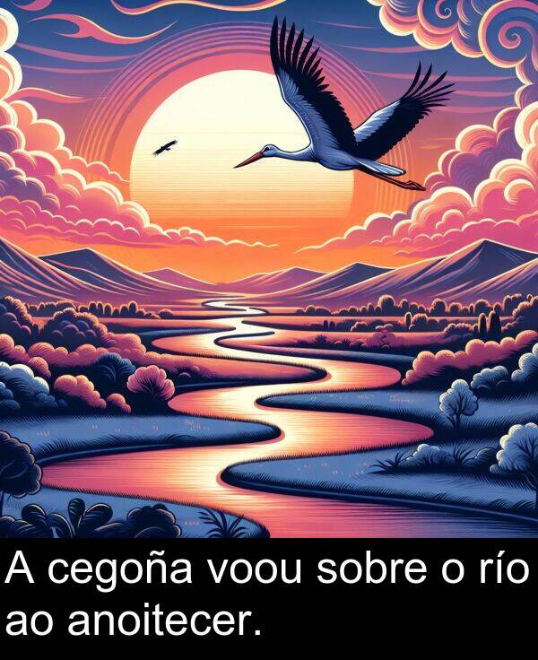 río: A cegoña voou sobre o río ao anoitecer.