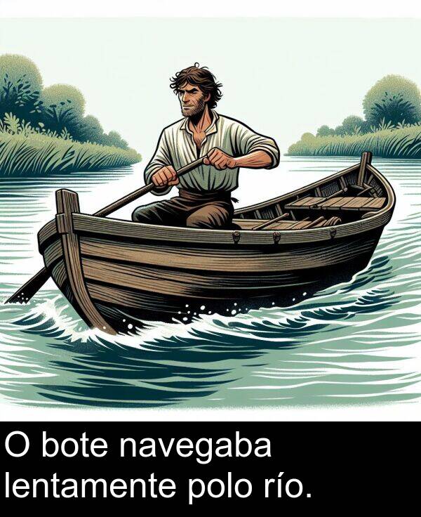 río: O bote navegaba lentamente polo río.