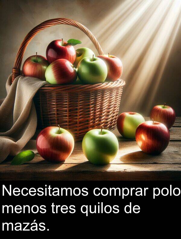 menos: Necesitamos comprar polo menos tres quilos de mazás.