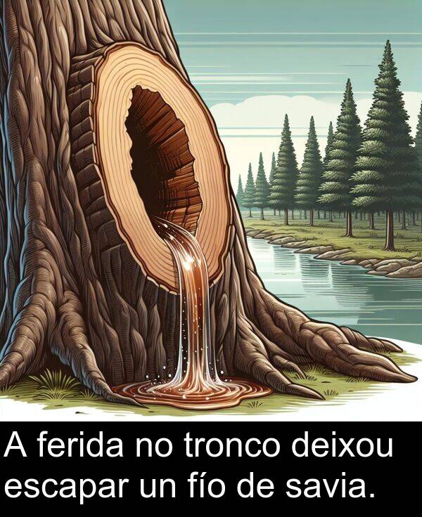 escapar: A ferida no tronco deixou escapar un fío de savia.