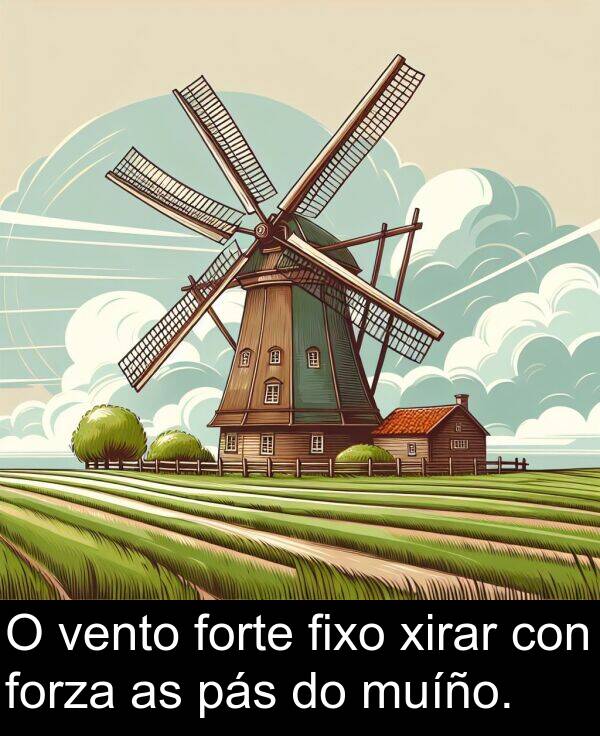 forza: O vento forte fixo xirar con forza as pás do muíño.