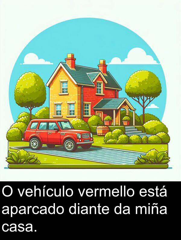 diante: O vehículo vermello está aparcado diante da miña casa.