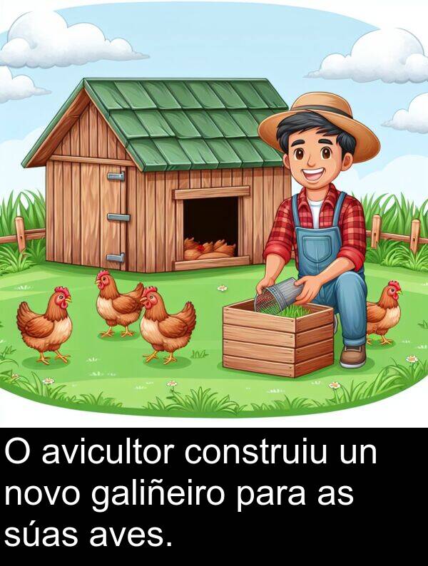 construiu: O avicultor construiu un novo galiñeiro para as súas aves.