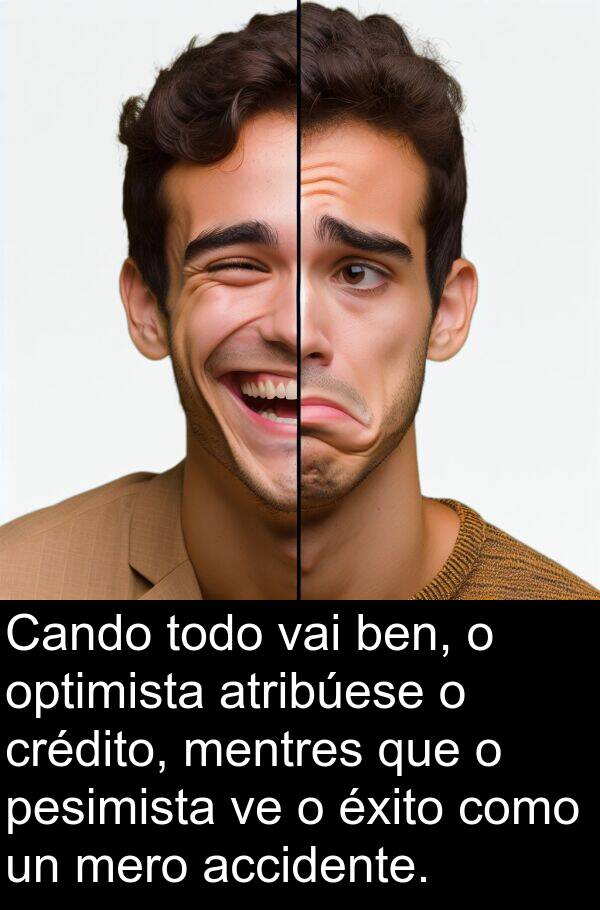 optimista: Cando todo vai ben, o optimista atribúese o crédito, mentres que o pesimista ve o éxito como un mero accidente.