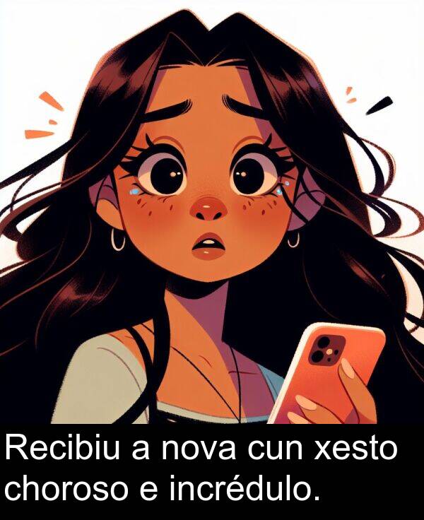 nova: Recibiu a nova cun xesto choroso e incrédulo.