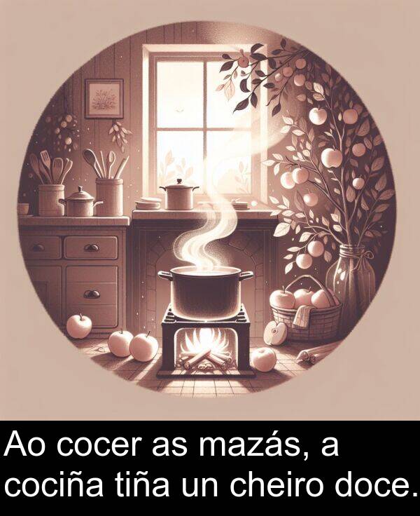 tiña: Ao cocer as mazás, a cociña tiña un cheiro doce.