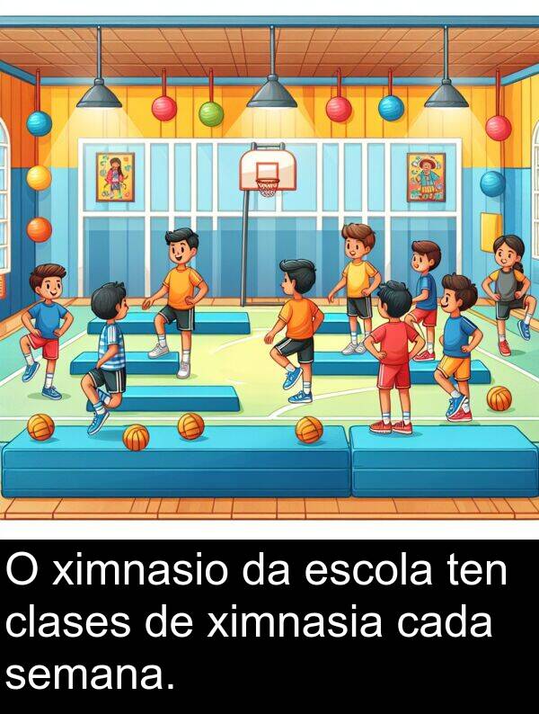 escola: O ximnasio da escola ten clases de ximnasia cada semana.