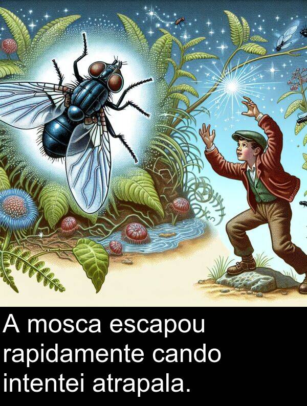 rapidamente: A mosca escapou rapidamente cando intentei atrapala.