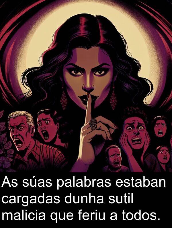 dunha: As súas palabras estaban cargadas dunha sutil malicia que feriu a todos.