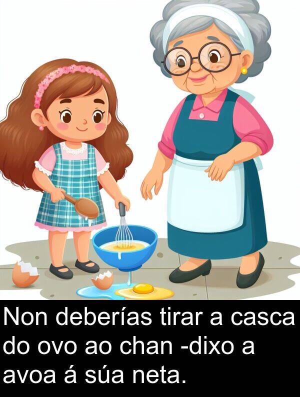deberías: Non deberías tirar a casca do ovo ao chan -dixo a avoa á súa neta.