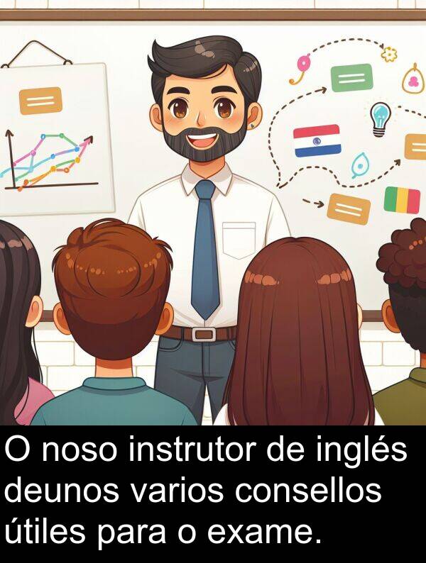 exame: O noso instrutor de inglés deunos varios consellos útiles para o exame.
