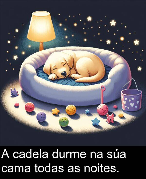 durme: A cadela durme na súa cama todas as noites.