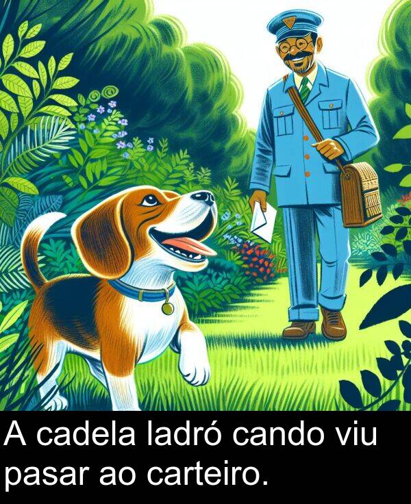 pasar: A cadela ladró cando viu pasar ao carteiro.