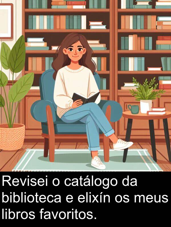 elixín: Revisei o catálogo da biblioteca e elixín os meus libros favoritos.