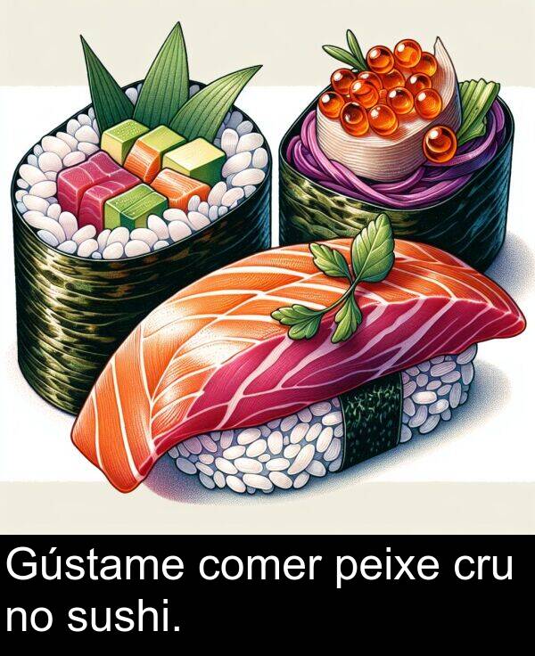 comer: Gústame comer peixe cru no sushi.