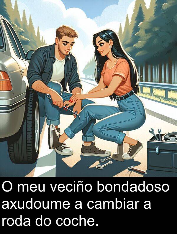 roda: O meu veciño bondadoso axudoume a cambiar a roda do coche.