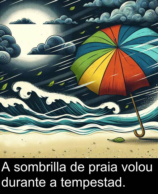 durante: A sombrilla de praia volou durante a tempestad.