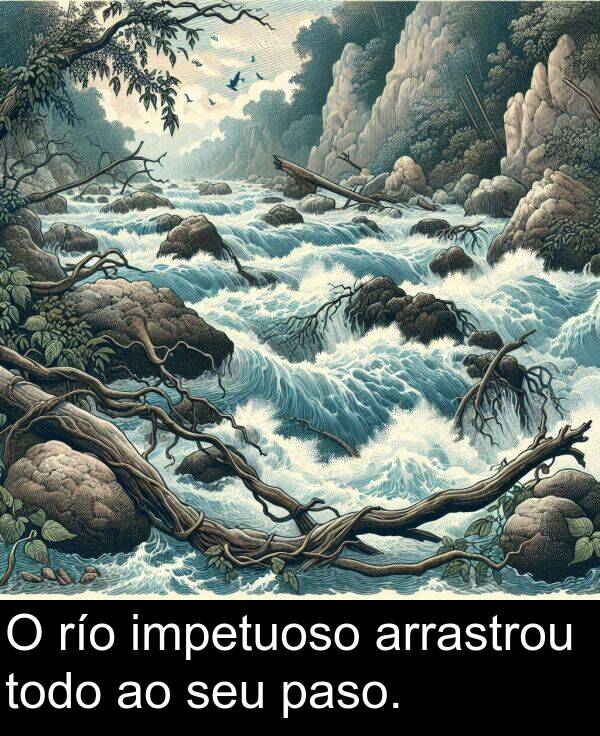 río: O río impetuoso arrastrou todo ao seu paso.