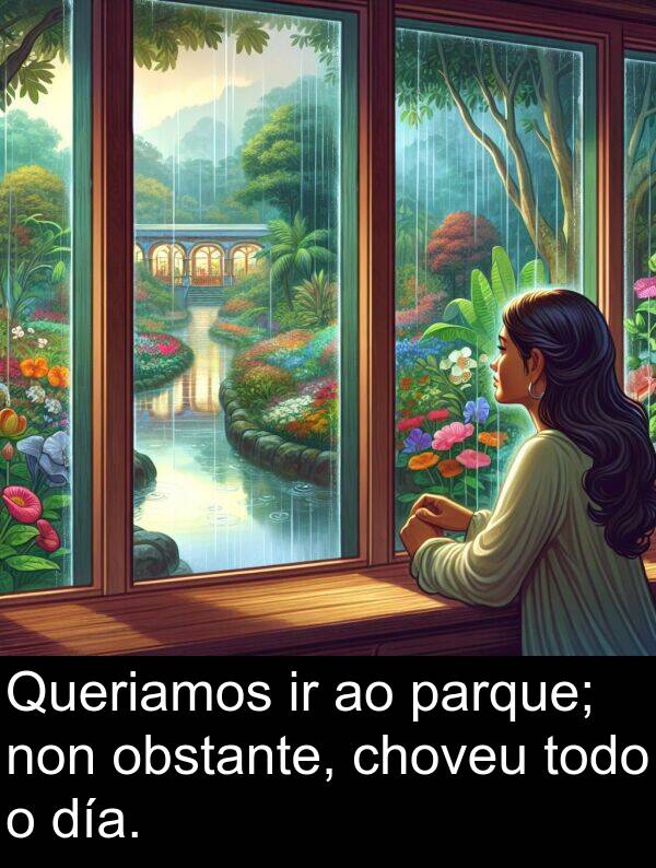día: Queriamos ir ao parque; non obstante, choveu todo o día.
