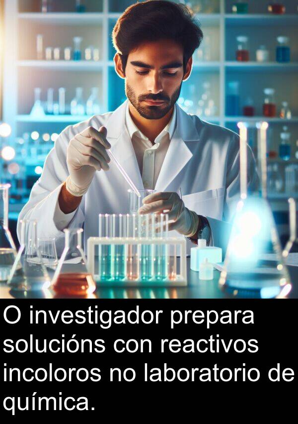 reactivos: O investigador prepara solucións con reactivos incoloros no laboratorio de química.