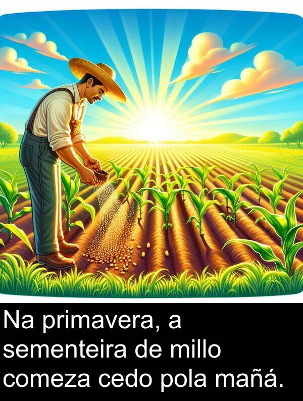 sementeira: Na primavera, a sementeira de millo comeza cedo pola mañá.