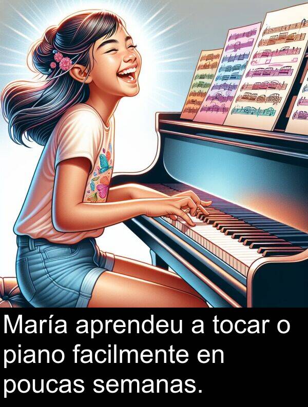 facilmente: María aprendeu a tocar o piano facilmente en poucas semanas.