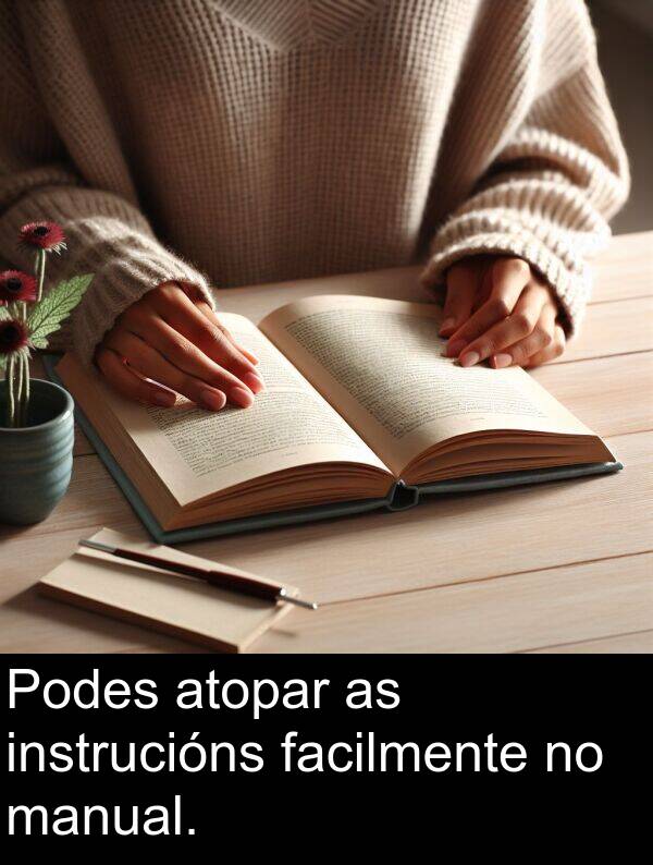 atopar: Podes atopar as instrucións facilmente no manual.