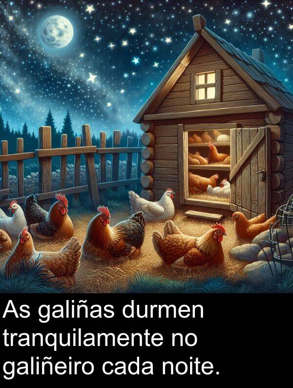 tranquilamente: As galiñas durmen tranquilamente no galiñeiro cada noite.