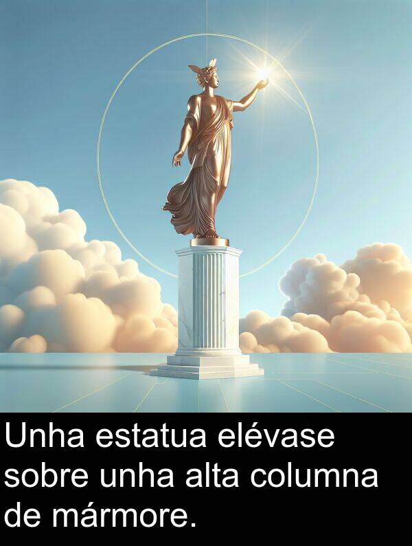 elévase: Unha estatua elévase sobre unha alta columna de mármore.