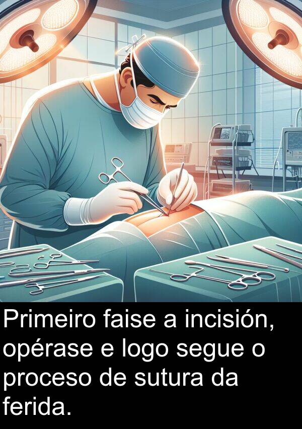 segue: Primeiro faise a incisión, opérase e logo segue o proceso de sutura da ferida.