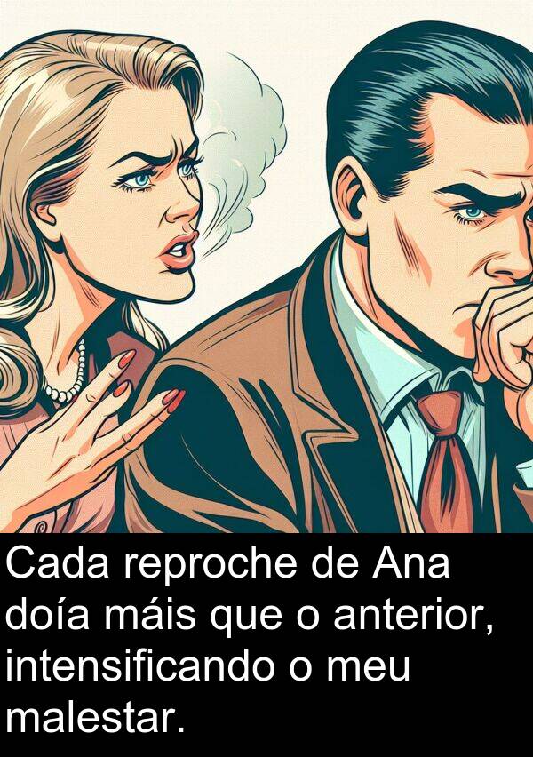 reproche: Cada reproche de Ana doía máis que o anterior, intensificando o meu malestar.