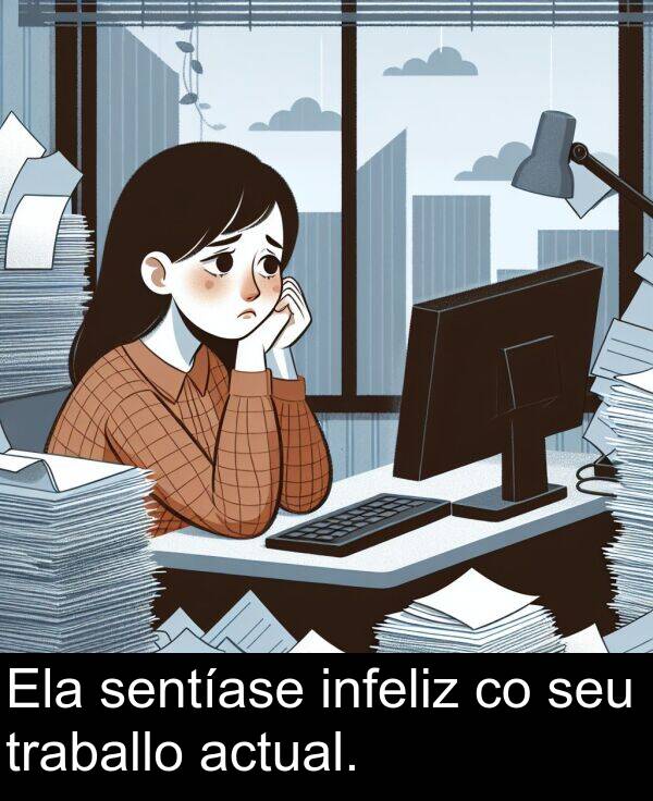 actual: Ela sentíase infeliz co seu traballo actual.