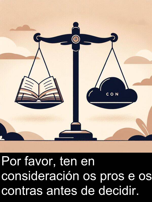 contras: Por favor, ten en consideración os pros e os contras antes de decidir.