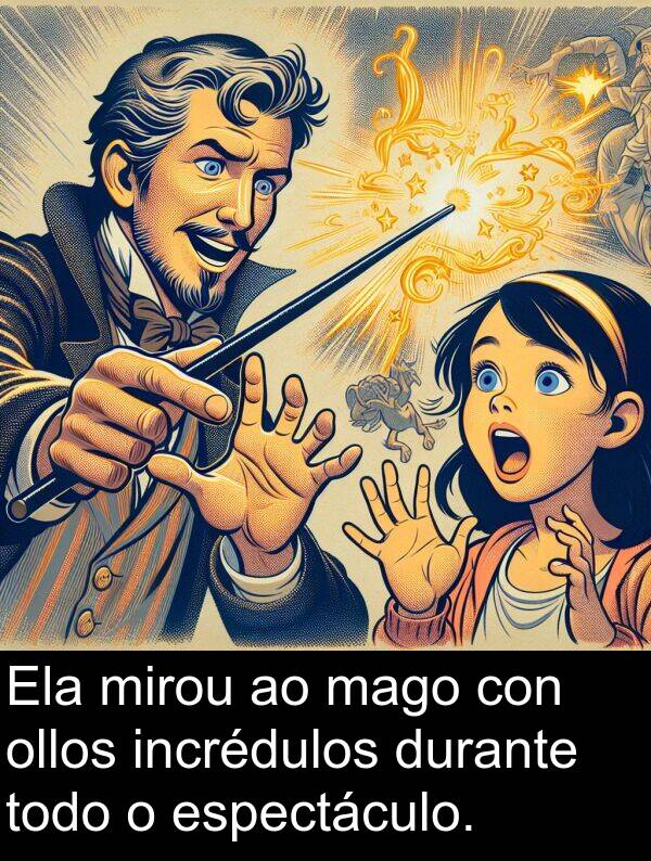 espectáculo: Ela mirou ao mago con ollos incrédulos durante todo o espectáculo.