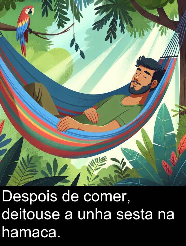comer: Despois de comer, deitouse a unha sesta na hamaca.