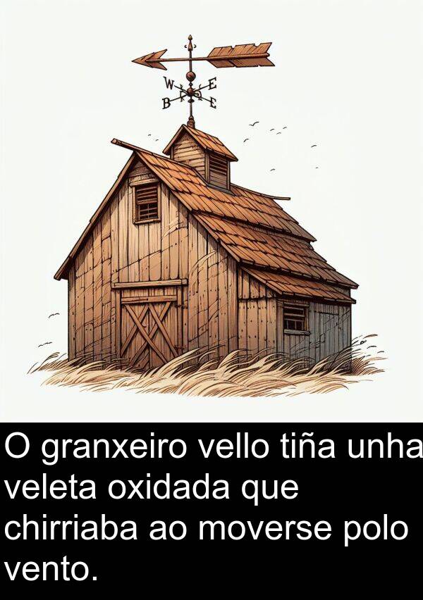 veleta: O granxeiro vello tiña unha veleta oxidada que chirriaba ao moverse polo vento.