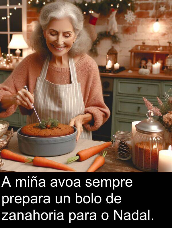 bolo: A miña avoa sempre prepara un bolo de zanahoria para o Nadal.
