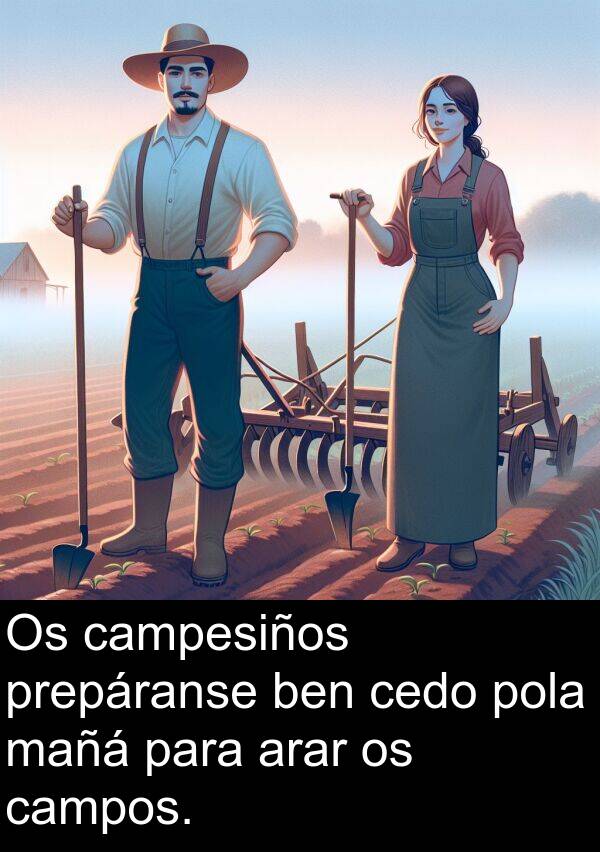 mañá: Os campesiños prepáranse ben cedo pola mañá para arar os campos.