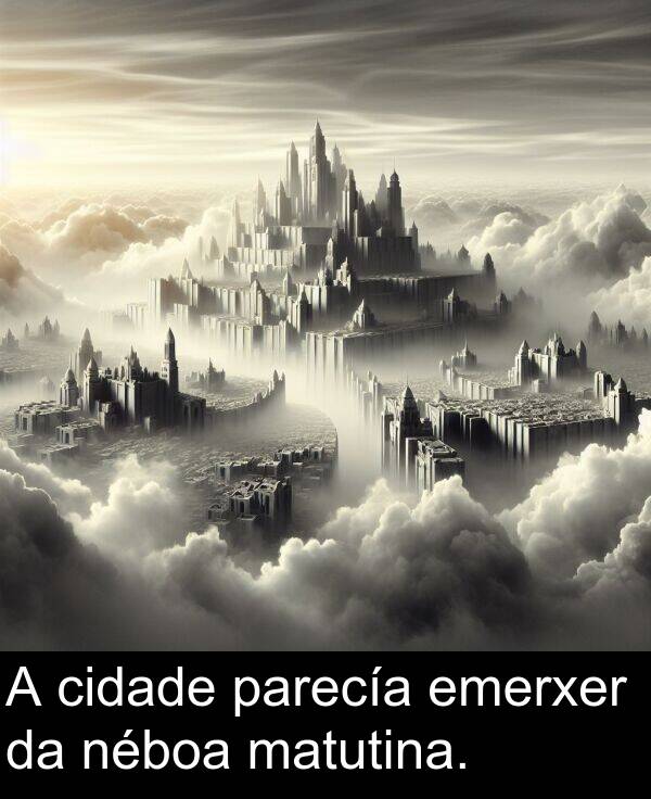 emerxer: A cidade parecía emerxer da néboa matutina.