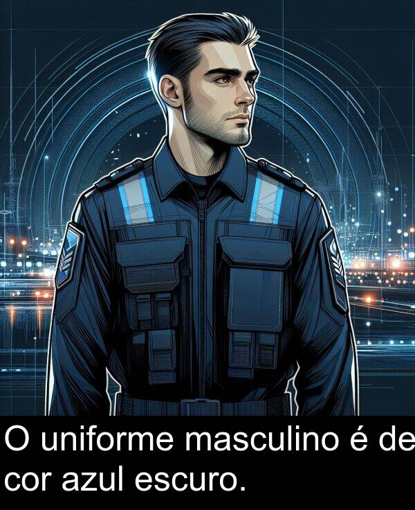 escuro: O uniforme masculino é de cor azul escuro.