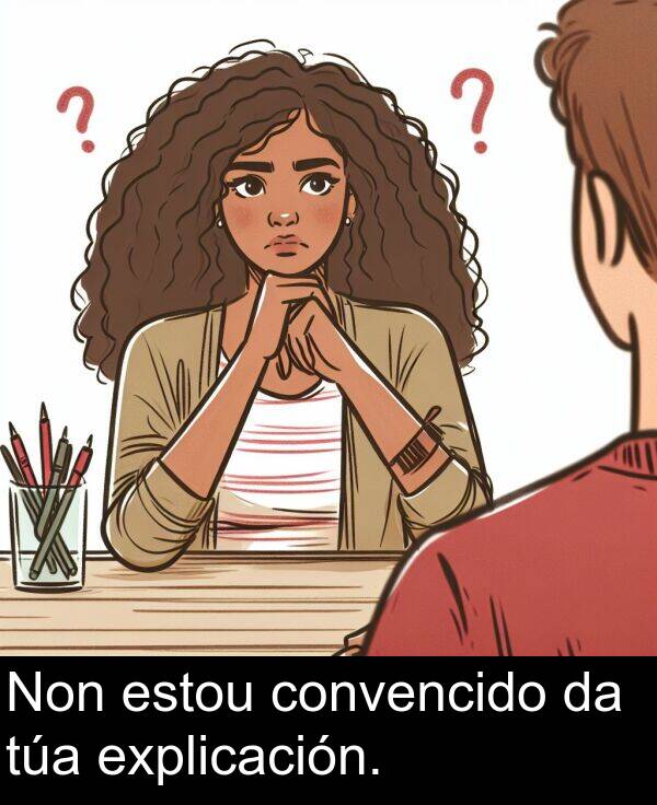 explicación: Non estou convencido da túa explicación.