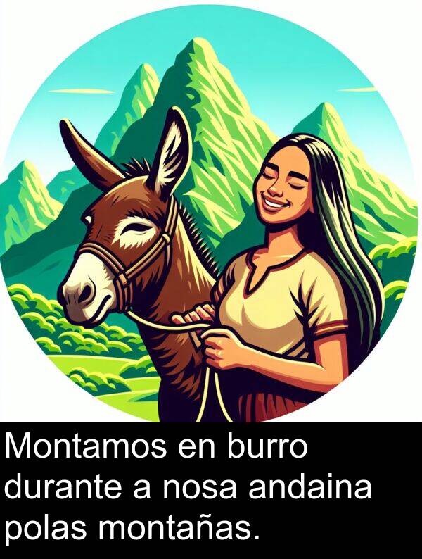 burro: Montamos en burro durante a nosa andaina polas montañas.