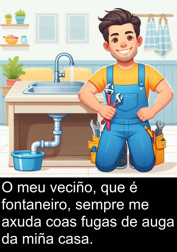 fugas: O meu veciño, que é fontaneiro, sempre me axuda coas fugas de auga da miña casa.