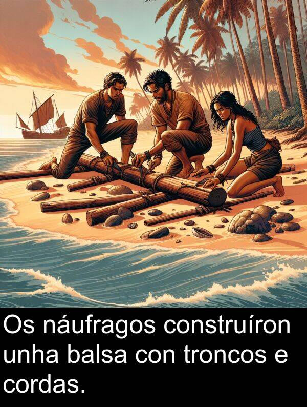 cordas: Os náufragos construíron unha balsa con troncos e cordas.
