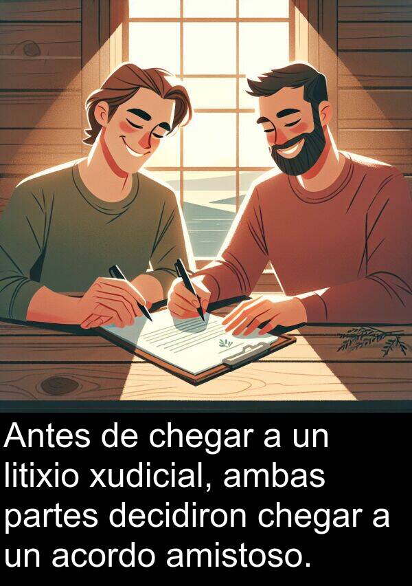 litixio: Antes de chegar a un litixio xudicial, ambas partes decidiron chegar a un acordo amistoso.