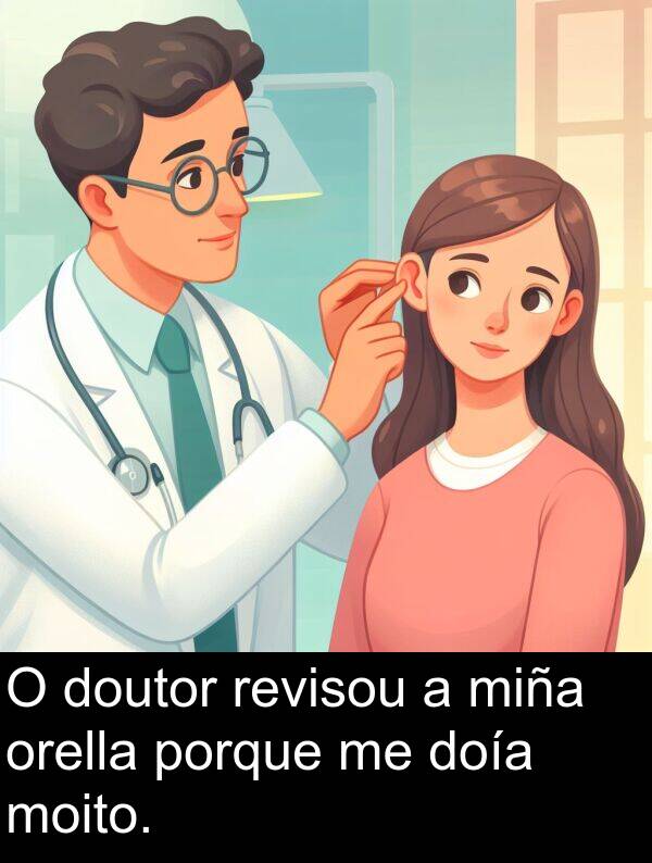revisou: O doutor revisou a miña orella porque me doía moito.