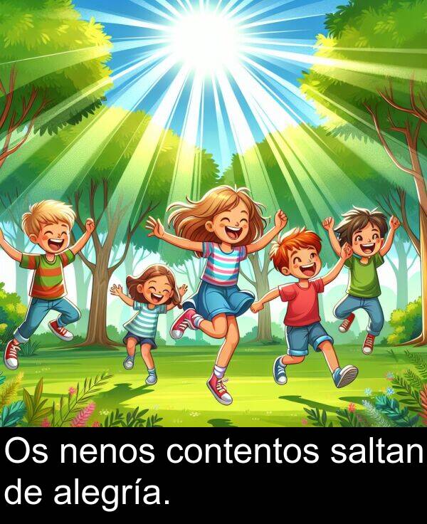 alegría: Os nenos contentos saltan de alegría.