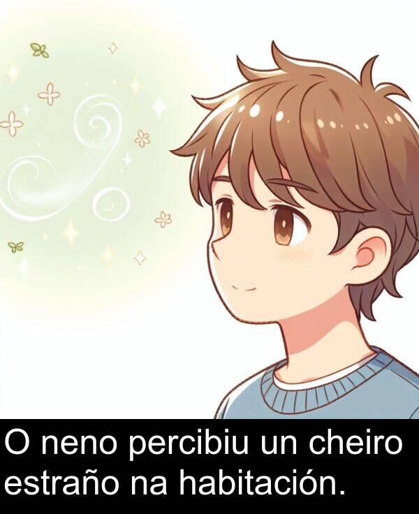 percibiu: O neno percibiu un cheiro estraño na habitación.