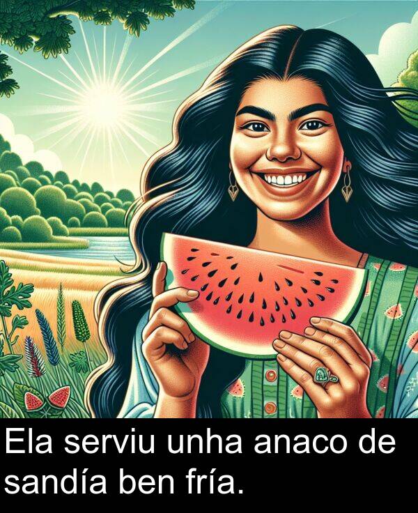 fría: Ela serviu unha anaco de sandía ben fría.