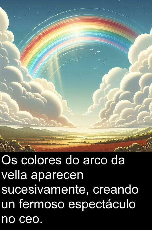 colores: Os colores do arco da vella aparecen sucesivamente, creando un fermoso espectáculo no ceo.